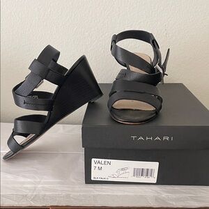 Tahari Black Strappy Wedge Sandals